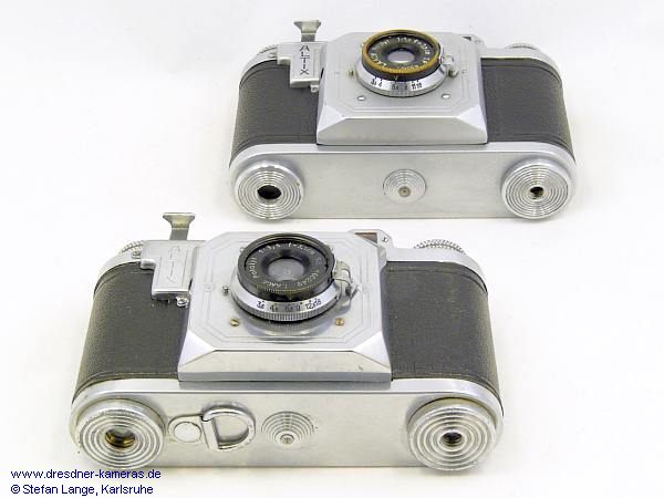 Altix I - top: Post-war version - 1947 with fine grooves on the tripod thread and without a pull tab on the bottom cover - bottom: ?Pre-war? or early post-war version with coarse grooves on the tripod thread and with a pull tab on the bottom cover