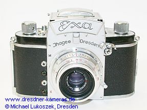 Exa #234318 with Tessar 3.5/50; transitional version with old M/X flash socket pairs and crescent-shaped release lock (1953)