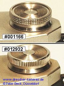 On the first Praktica version with molded-on carrying loops, we find different control knobs on very early cameras, including those with cross-knurling.