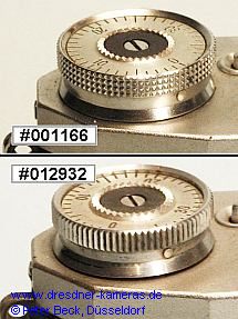 On the first Praktica version with molded-on carrying loops, we find different control knobs on very early cameras, including those with cross-knurling.
