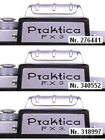Export model Praktica FX 3 - different engravings of the model designation: FX 3, FX 3 and rarer FX 3.