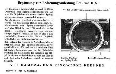 Erg�nzung zur Bedienungsanleitung Praktina IIa mit doppelter Blendenausl�sung des VEB Kamera- und Kinowerke Dresden (1960)