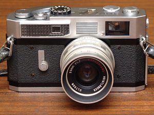 This Canon 7 rangefinder has a very large selenium light meter in the top left corner.