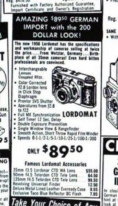 This ad, from the March 1956 issue of Popular Photography lists the Lordomat for $89.50, a relative bargain compared to the prices of a Leica from the same era.