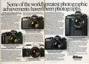 A lineup of Nikon's SLRs from the early 80s. The FA's Automatic Multi-Pattern metering is what we call Matrix metering today.