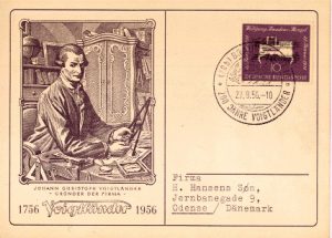 A postcard celebrating Voigtländer's 200th anniversary shows a sketch of Johann C Voigtländer.