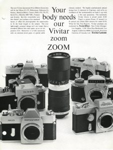 An ad for Vivitar lenses from 1969 showcases how many different camera brands Vivitar made lenses for.